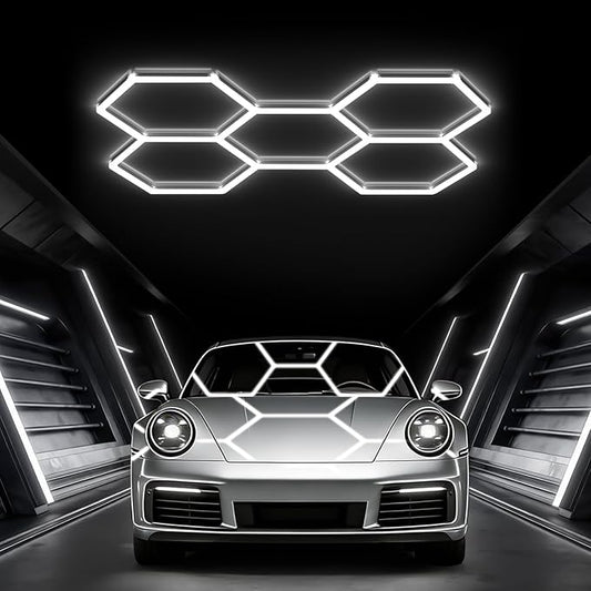 Glitgate Hexagon LED Garage Light, 168W 18480LM 5-Grid Honeycomb Hex Lighting System, 6500K Ultra Bright Ceiling Light for Garage, Car Detailing Shop, Workshop, Basement, Gym