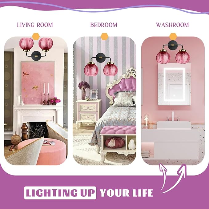 Bathroom Lighting fixtures Modern Vanity Lights Red Ribbed Glass Shade 2-Lights Over Mirror Wall Sconce Vintage Gold Bathroom Light fixtures Black Wall Mount Light Farmhouse Sconces
