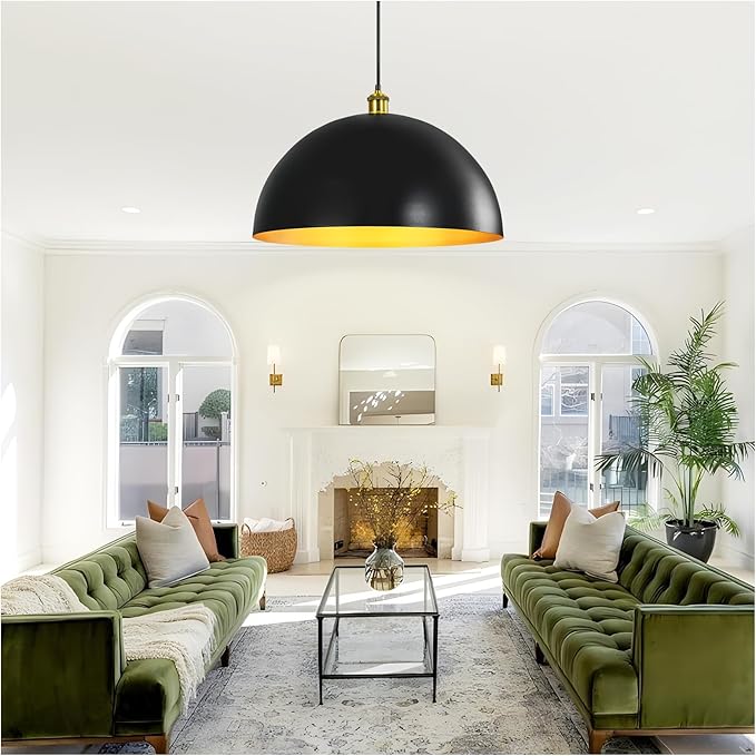 Black-Farmhouse Pendant-Light Hanging-Lamp Fixtures - 20 inch Kitchen Island Pendant Lights Industrial Dome Ceiling Lighting Dining Room Large Vintage Light for Indoor Black and Gold