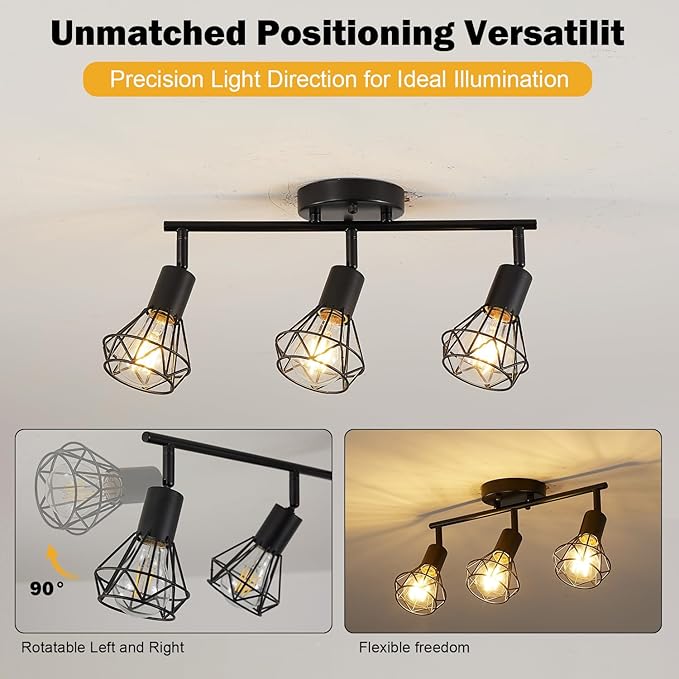 3-Lights Black Track Lighting Fixture Ceiling,Adjustable Semi Flush Mount Ceiling Light Fixture Multi-Directional Rotatable Kitchen Track Lighting Fixtures with Geometric Cages for Dining Room