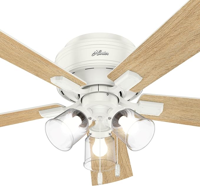Hunter 52 inch Indoor Ceiling Fan with LED Lights and Pull Chain - Low Profile Mount White Ceiling Fan, 5 Blades, For Bedroom, Living Room, or Kitchen, Quiet - Crestfield 54207, Fresh White