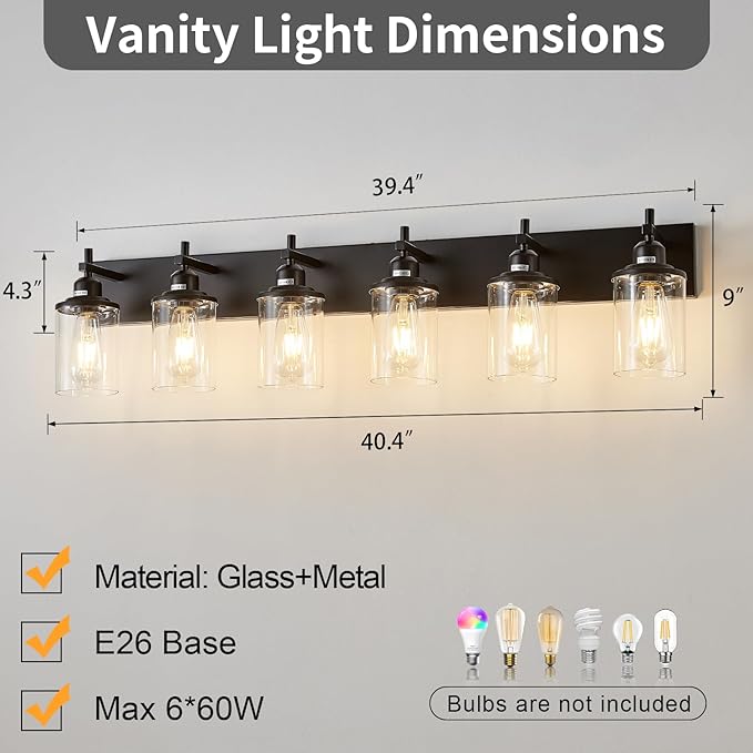 Lanhall 6-Light Black Bathroom Light Fixture Over Mirror Modern Farmhouse Bathroom Vanity Light Vintage Wall Lighting with Clear Glass Shade for Bathroom, Bedroom, Hallway, Cabinet