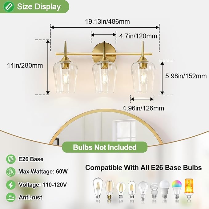 MOKATNG 3-Light Bathroom Light Fixtures, 19.5 Inch Brushed Gold Vanity Lights with Wine-Glass Shape, Bathroom Lights Over Mirror, Modern Wall Lamps for Bedroom Living Room Hallway