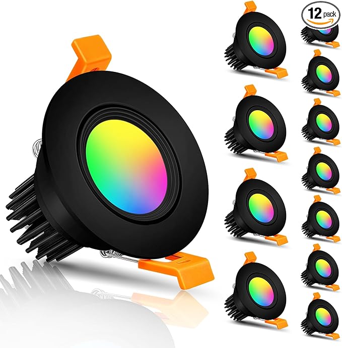 Smart WiFi 2 Inch Black LED Downlight, 5W 120V RGBCW Color Changing Recessed Lighting, Dimmable COB 2700K-5000K, Compatible with Alexa/Google, LED Can Light with Driver, 12 Pack