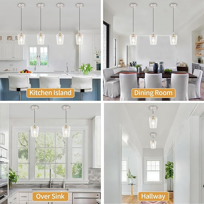 3 Pack Brushed Nickel Pendant Lights Kitchen Island, Modern Glass Pendant Lighting Over Island, Kitchen Hanging Light Fixtures Over Sink Adjustable Mini Pendant Lights for Bathroom Dining Room Hallway