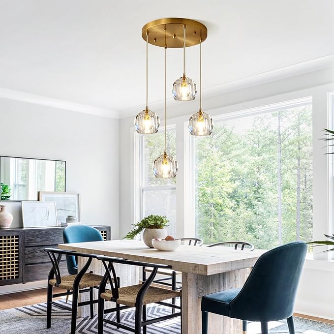 Gold Crystal Pendant Light Mid Century Modern 4-Lights Cluster Pendant Lighting Anti Brass Adjustable Hanging Ceiling Light Vintage Round Kitchen Island Chandelier Light Fixture
