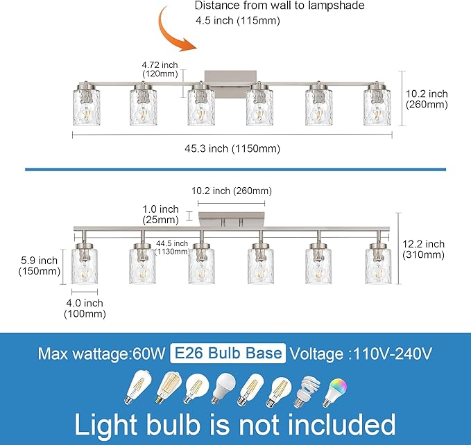 6 Light Track Lighting,Brushed Nickel Bathroom Vanity Light Modern Ceiling with Rotatable Track Head and E26 Base Vanity Lights Clear Hammered Shade Wall Mount Lighting Sconce