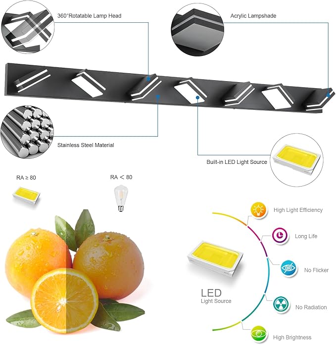 SineRise LED Modern Bathroom Vanity Light Fixtures (7-Light, 55-Inch), Matte Black Modern Acrylic Bathroom Wall Lighting Fixtures Over Mirror (Cool White 6000K)