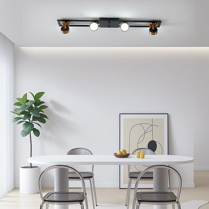Garwarm Modern Ceiling Light Track Lighting Fixtures, 35.4 Inch Dimmable LED Kitchen Ceiling Light with Remote 4-Light Black LED Chandelier for Dining Room Bedroom
