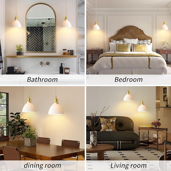 White Ceramic Pendant Lights Kitchen Island Brushed Brass Dome-Shaped Lampshade Modern Minimalist Industrial Hanging Light Fixture for Living Room Bedroom Dining Room Over Table