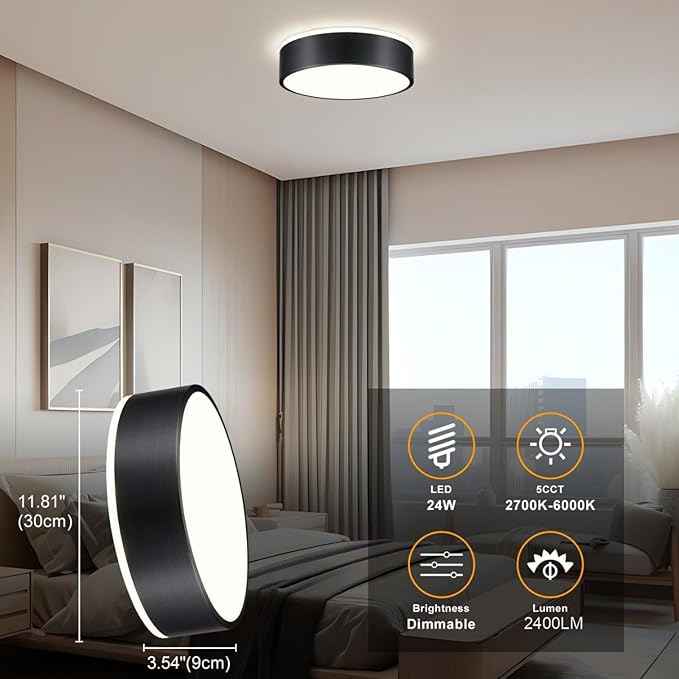 Black Flush Mount Ceiling Lights, Modern Dimmable 5CCT Close to Lighting Fixture, 2700K-6000K LED Round Ceiling Lamp for Kitchen Hallway Bedroom Laundry Room Entryway Bathroom-11.8in