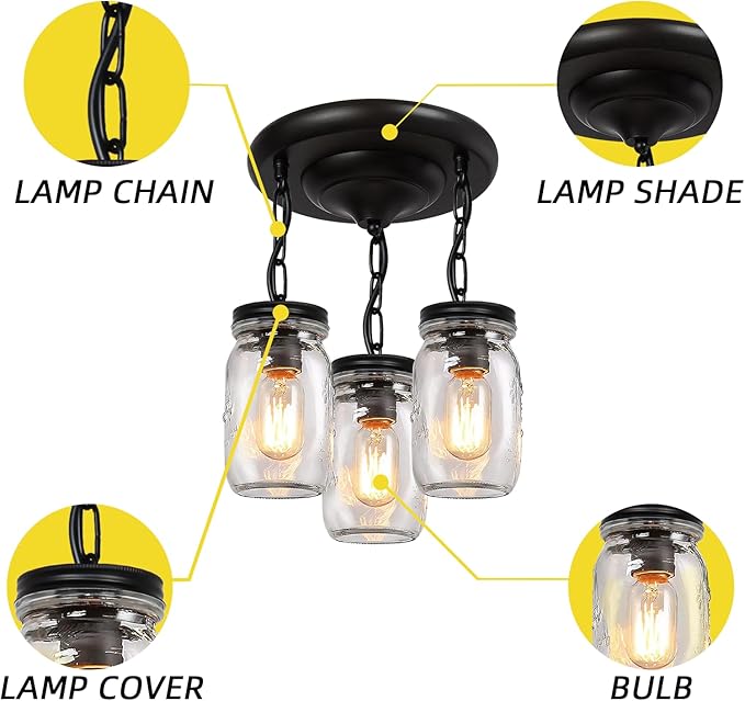 Glass Mason Jar Light Fixtures, 3-Lights Pendant Ceiling Lights Flush Mount - Black Country Farmhouse Lights for Kitchen Dining Room Foyer Stairway Hallway Entryway Porch