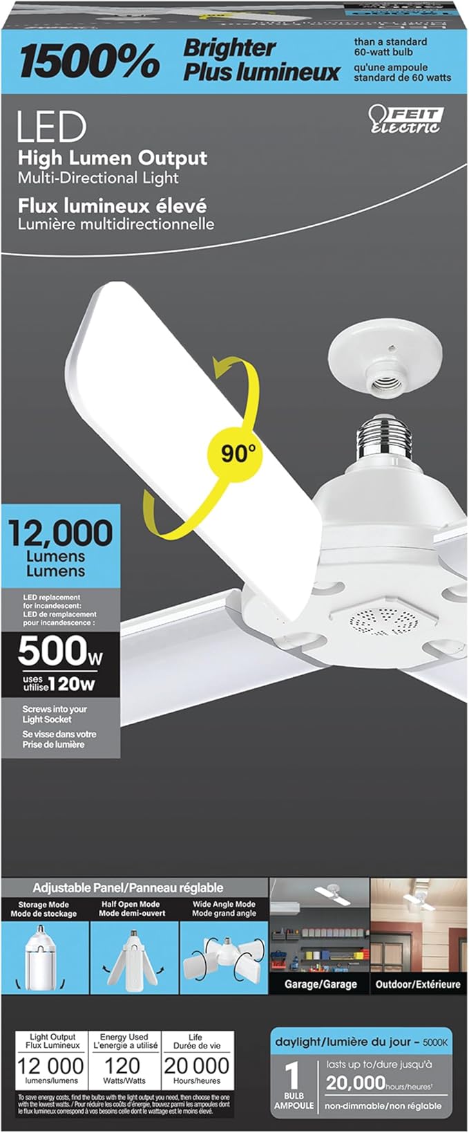 Feit Electric LED Garage Light, Multiple Adjustable Panels, E26 Base, Ideal for Garage, Workshop, Shed, 25,000-Hour Lifetime