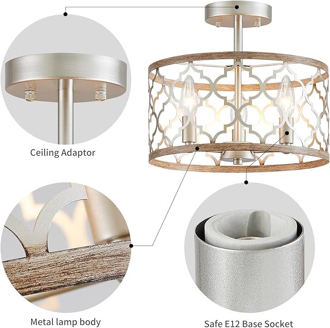 WUZUPS Chandelier 3-Light Vintage Farmhouse Semi-Flush Mount Ceiling Light Lighting Fixture for Foyer Bedroom Hallway Storage Room Kitchen Bathroom, H 9.8" x W 12.4", E12 Base, Nickel & Wood Imitaion