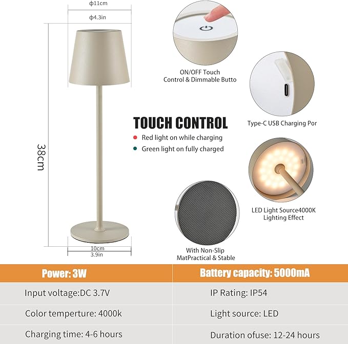 IMQSQIK 2 Pack Cordless Table Lamp, 5000mAh Portable Rechargeable LED Desk Lamp, 3 Color Modes Stepless Dimming Table Light with Memory Function, for Dinner, Patio, Home, Restaurant.
