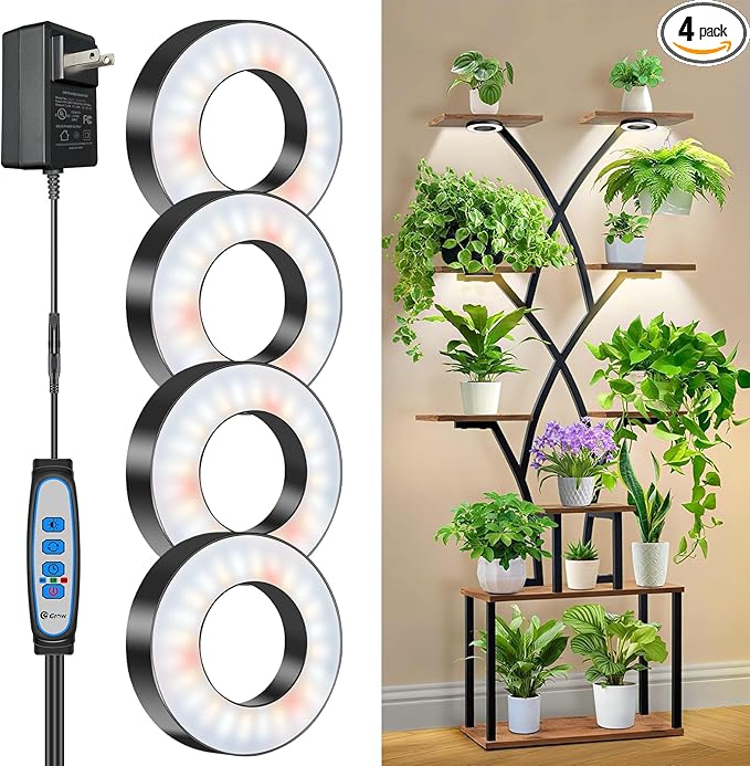 Wiaxulay Grow Lights for Indoor Plants, 192 LED Full Spectrum Plant Lights for Indoor Growing, 12V/2A Under Cabinet Grow Lamp with Auto Timer 6/12/16 Hrs, 3 Lighting Mode, 5 Brightness, Four Head
