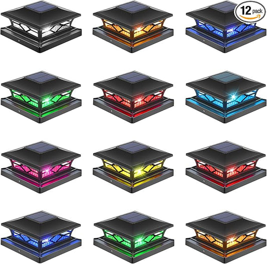 APONUO Solar Post Cap Lights with 8 RGB Colors and Multicolor Flow, Ultra-Bright Clear Lens, IP65 Waterproof for 4x4 5x5 6x6 Wood & Vinyl Fence Posts, 12 Pack Black