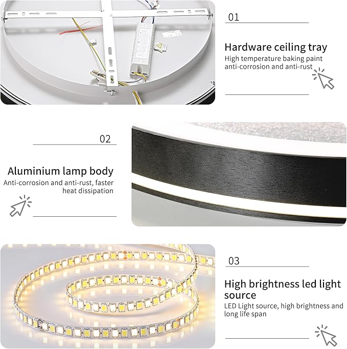 LED Flush Ceiling Light, 15in Black Round Ceiling Light Dimmable 3000K/4500K/6500K Color Recessed Lamp for Living Room, Bedroom, Office,Hallway