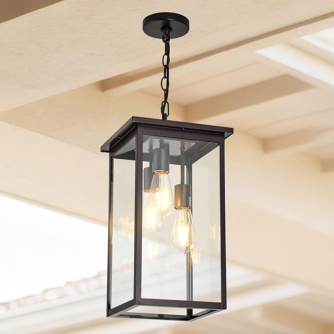 3-Light Outdoor Indoor Chandeliers,Oil Rubbed Bronze Pendant Light with Clear Glass Shade,Exterior Hanging Lantern for Front Porch Entrance Foyer Entryway (Bulb Not Included)