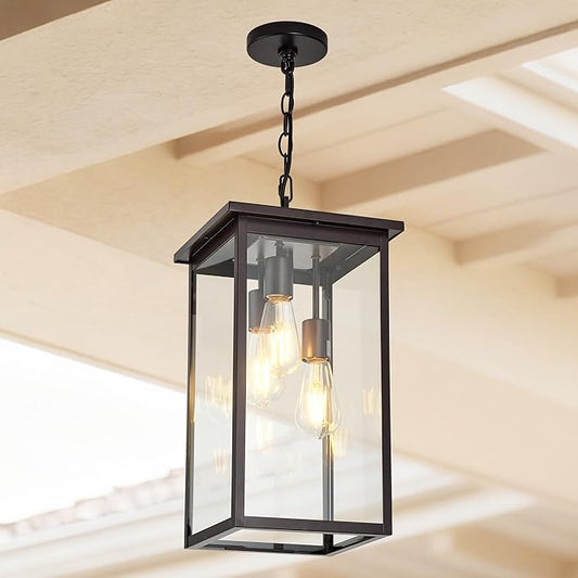 3-Light Outdoor Indoor Chandeliers,Oil Rubbed Bronze Pendant Light with Clear Glass Shade,Exterior Hanging Lantern for Front Porch Entrance Foyer Entryway (Bulb Not Included)