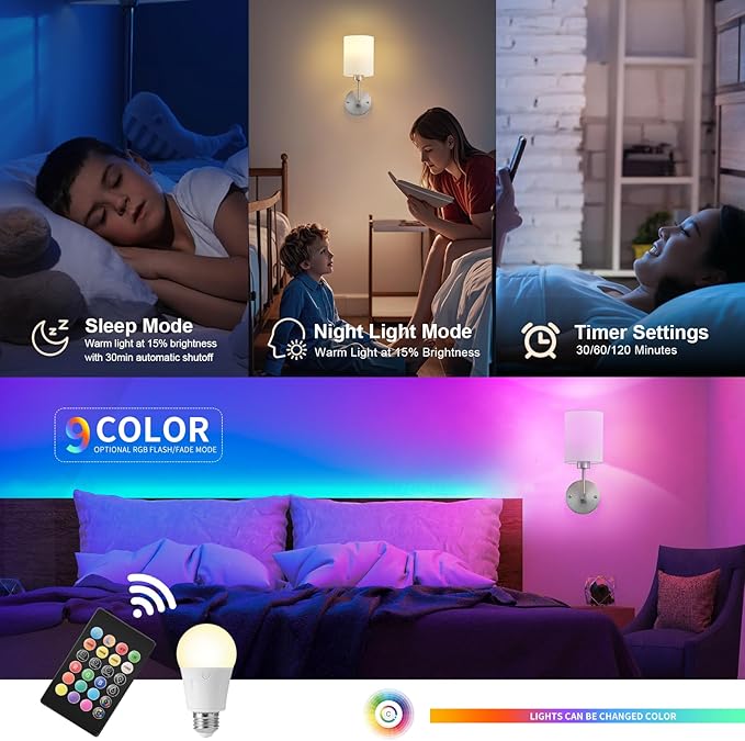 Battery Operated Wall Sconce Set of Two,Wireless Rechargeable Wall Light With Remote Control, Dimmable, 1800K/3000K/4000K/6000K/RGB, Timer, for Living Room, Bedroom, Fireplace, TV, 13.5 Inch, Nickel