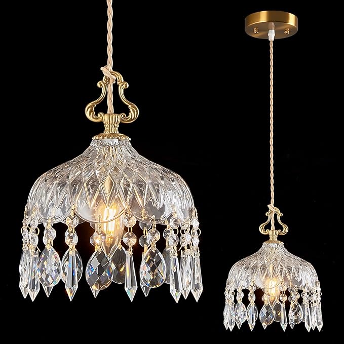 Brass Vintage Glass Pendant Light Crystal Hanging Light Fixtures,Adjustable Height Single Head Pendant Lights for Dining Room Living Room Bedroom Hallway(1-Pack)
