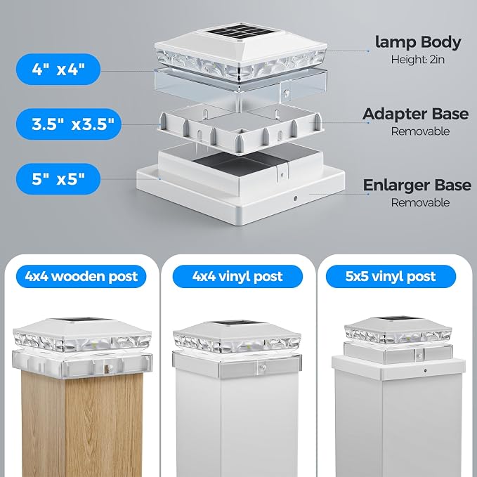 JOFIOS Solar Post Cap Lights, 6500K Cool White IP65 Waterproof Solar Powered Fence Light for 4x4 Wood Post & 5x5 Vinyl Fence, Deck Patio Garden Yard Outdoor Landscape Lighting, ABS Material