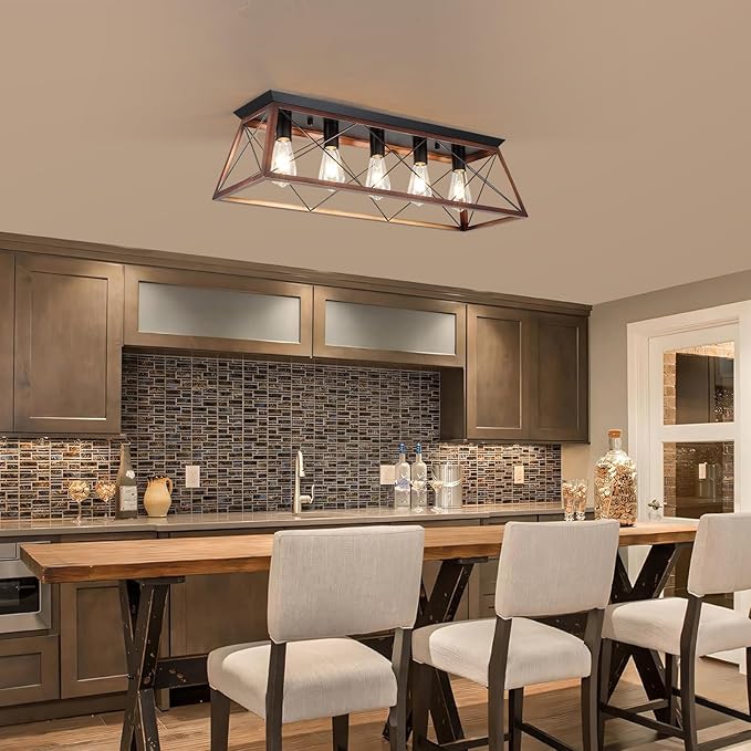 31.5" Flush Mount Ceiling Light, 5-Light Industrial Vintage Chandelier with Matte Black & Brushed Bronze Finish, Large Close to Ceiling Lighting for Dining Room, Kitchen Island, Living Room, Hallway