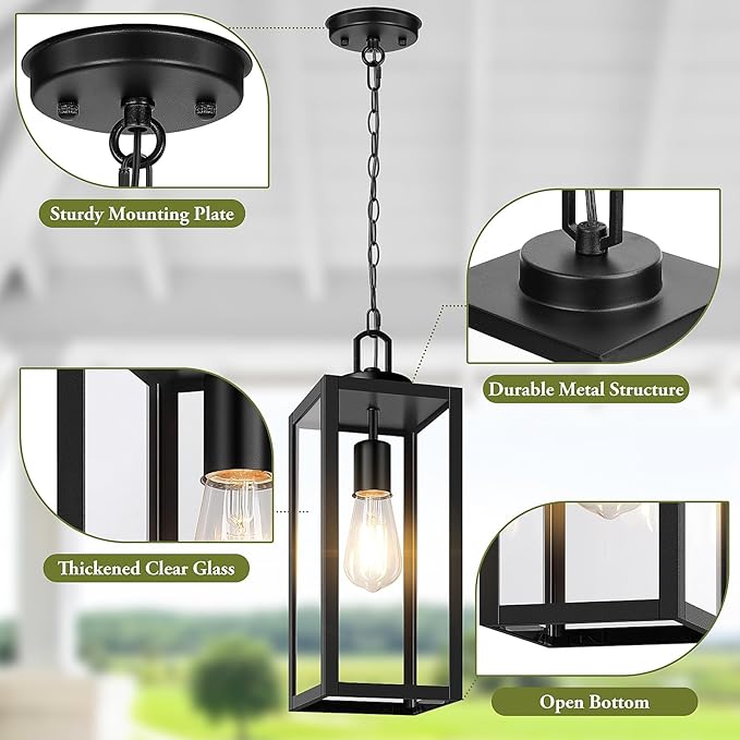 BesLowe 1-Pack Outdoor Pendant Light, 15” Modern Hanging Lantern Light for Outside, Black Exterior Pendant Lighting Fixture with Adjustable Chain, Outdoor Chandelier for Porch, Gazebo, Front Door