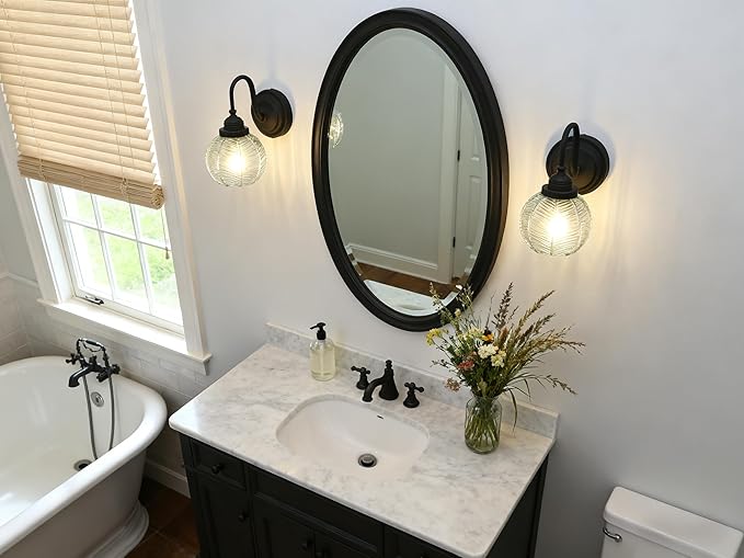 PERMO Vintage Wall Sconce with Clear Ribbed Glass Shade Retro Matte Black Sconce Bronze Bathroom Wall Light for Loft Kitchen Living Room Bedroom Hallway Doorway