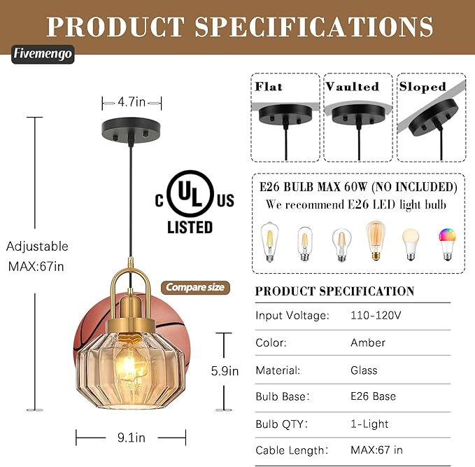 9in Mid Century Modern Amber Glass Pendant Light Fixture, Small Gold Kitchen Island Pendants Light Glass Ceiling Hanging Lamp for Foyer Dining Room Bedroom Entryway Hallway Over Sink