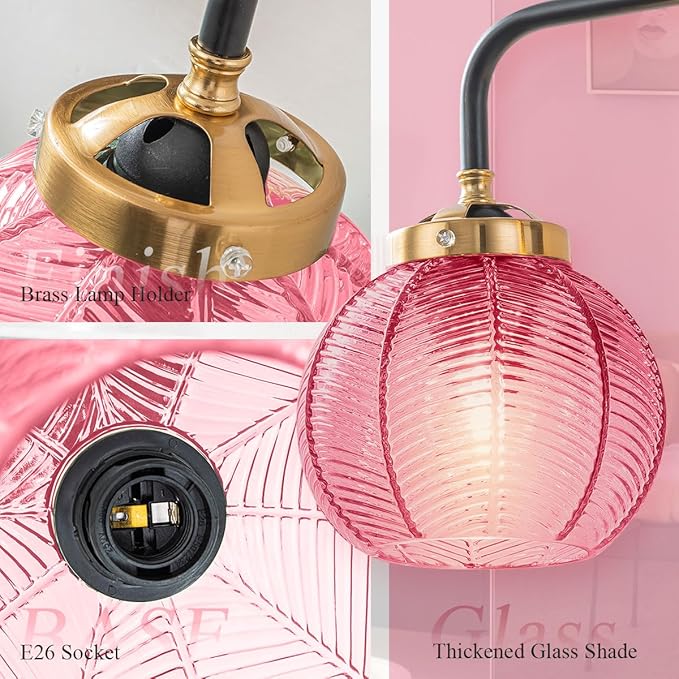 Glass Bathroom Vanity Light Red Ribbed Glass Wall Light Fixtures 3-Light 23.6 Inch Mid Century Bathroom Lights Fixture Globe Vanity Lamp Over Mirror Wall Sconce for Bedroom Hallway