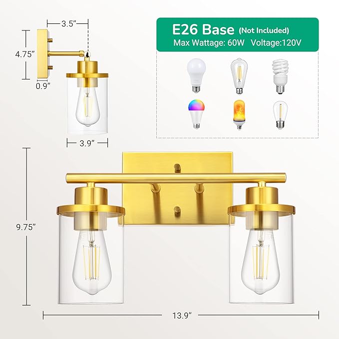 EDISHINE Bathroom Light Fixtures, 2-Light Gold Bathroom Vanity Light, Modern Wall Sconces with Clear Glass Shades for Powder Room, Vanity Table, Mirror, Kitchen (E26 Base)
