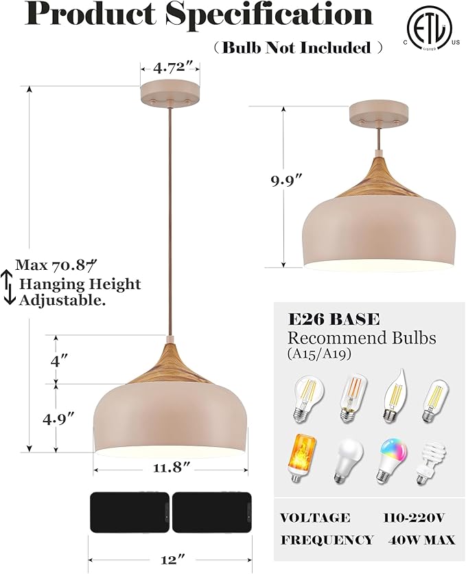 ELYONA 12 Inch Modern Pendant Light for Kitchen Island Farmhouse Hanging Lamp with Faux Pine Wood Grain Metal Shade, Adjustable Wabi Sabi Boho Ceiling Fixture for Dining Room Bedroom,Light Brown