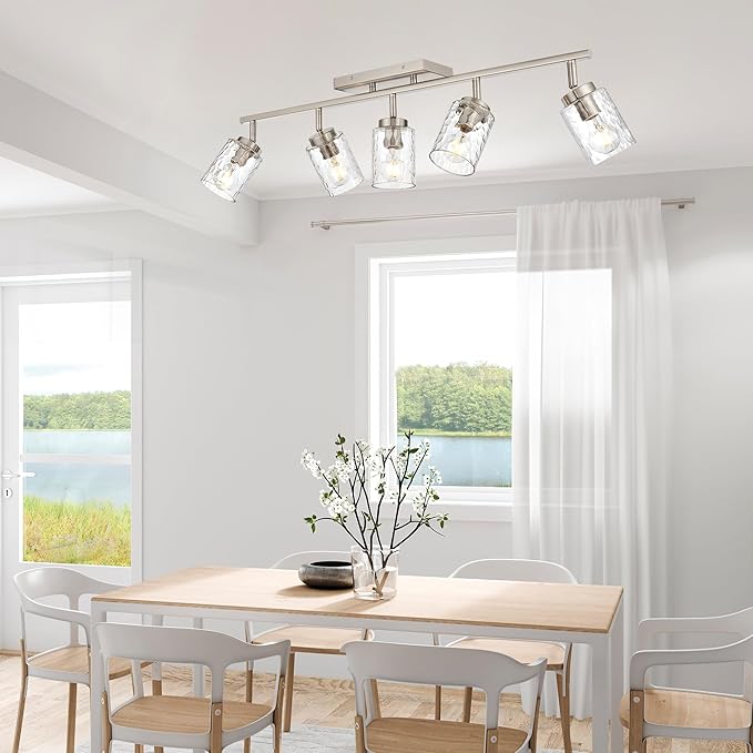 5-Light Industrial Bathroom Vanity Lights, Brushed Nickel Track Lighting Wall Mount or Ceiling Rotatable Track Head Metal Vanity Lighting Fixtures for Bathroom Hallway, Clear Hammered Shade
