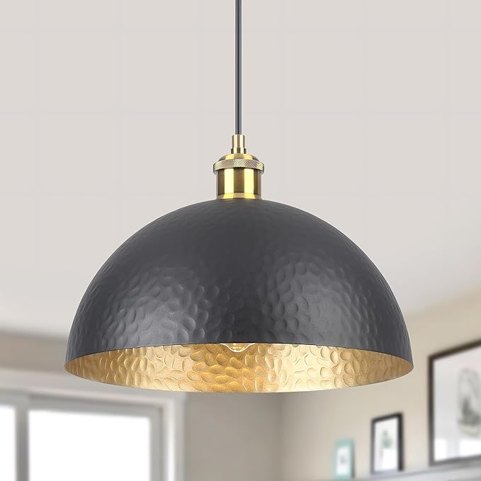 Black Farmhouse Pendant Light with Hammered Metal Shade Vintage Dome Pendant Light Adjustable Hanging Lighting fixtures for Kitchen Island Dining Room Hallway and Bar