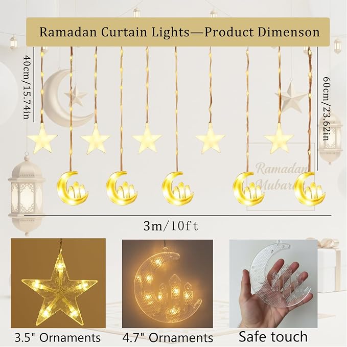 Ramadan Curtain Lights,135 LED Star & Castle String Lights,USB Powered Dimmable Twinkle Curtain Fairy Lights,8 Lighting Modes Warm White Window Light,Ramadan Decorations for Home Indoor Decor