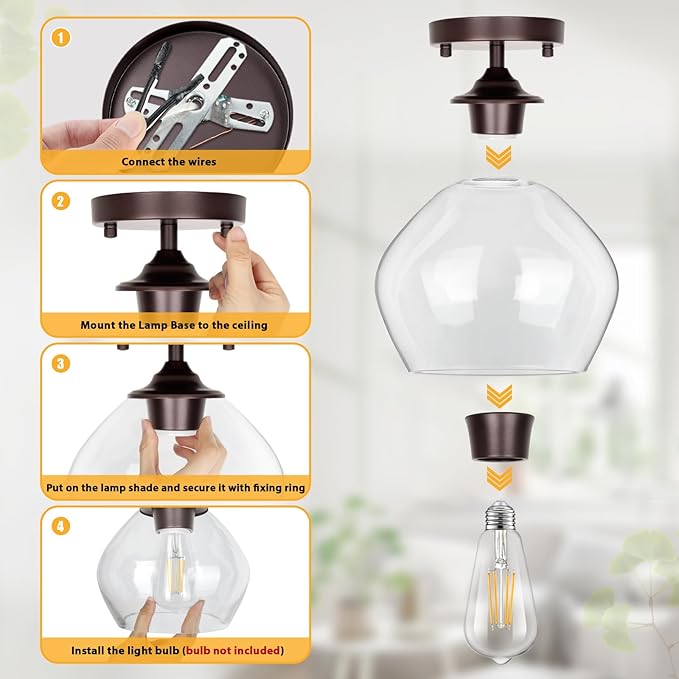 Modern Semi Flush Mount Ceiling Light with Clear Glass Shade, Industrial Close to Ceiling Light, Brown Hanging Ceiling Light Fixture for Hallway, Bedroom, Dining Room, Entryway, Foyer