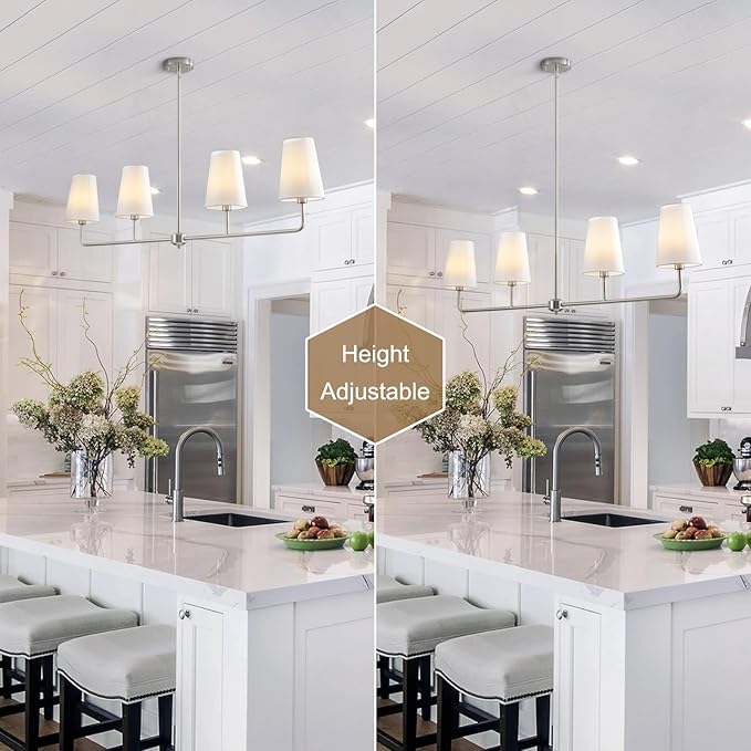Brushed Nickel Chandelier for Kitchen Island 4-Light Linear Chandeliers for Dining Room Modern Farmhouse Classic Light Fixture with White Linen Shades Over Dining Table