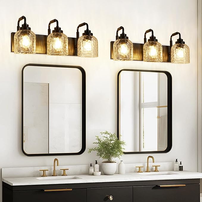 WJShome 3-Light Black Bathroom Vanity Light, Modern Vanity Lighting Fixture for Bathroom, Coastal Vanity Lights with Crystal Glass Shade, for Mirror Bedroom Hallway