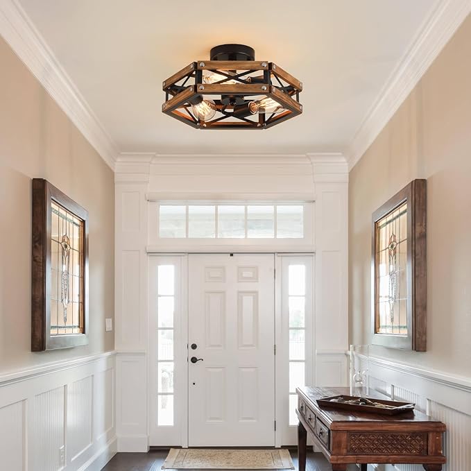 3-Light Rustic Farmhouse Wood Flush Mount Ceiling Light Fixture Oak Wood and Metal Cage Semi Flush Mount Ceiling Light for Hallway Hall Entry Bedroom Kitchen Farmhouse, Black