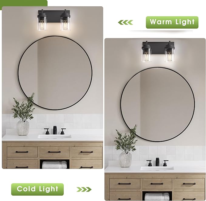 Espird Bathroom Vanity Fixtures, 2 Light Matte Black Vanity Light with Clear Glass Shade, 15in Farmhouse wall Light, Lighting Fixture Over Mirror for Bathroom