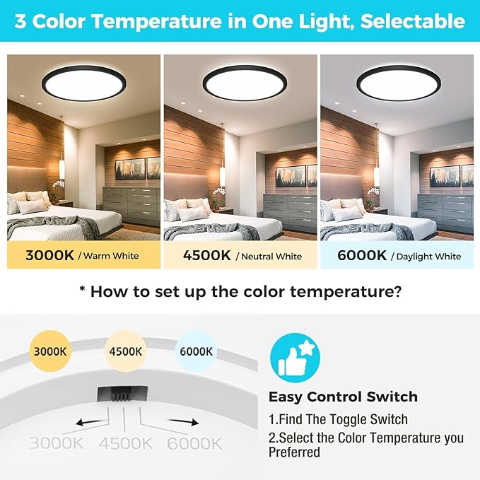 Libtit 13 Inch Black Flush Mount Ceiling Light - 3 Pack, 3200LM, Low-Profile LED Light Fixture for Bedroom, Kitchen, Living Room