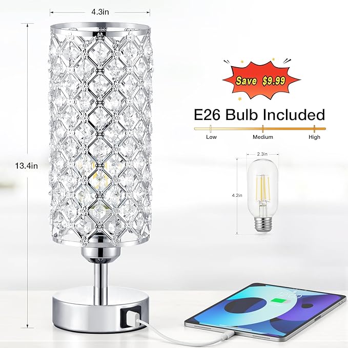 Crystal Table Lamp with USB C+A Charging Ports for Phone&Clock&Headphone, Bedside Lamps with Touch Control, Modern Design Small Lamp for Bedroom, Living Room(Sliver)