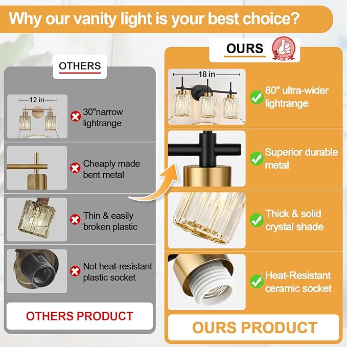 Modern Crystal Bathroom Vanity Light, 3-Light Black & Gold Vanity Lighting Fixture with Clear K9 Crystal Shades, Adjustable Up/Down Installation, E26 Base (Bulbs Not Included)
