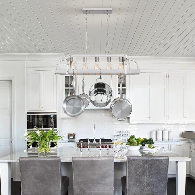WUZUPS 5-Light Metal Pot Hanging Rack Chandelier Linear Pendant Ceiling Lighting Rustic Farmhouse Fixture Kitchen Island Dining Room, H 9.8" L 34.6" W11.8, E26 Base, Brushed Nickel