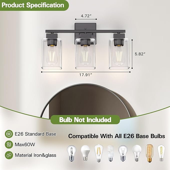 Espird Matte Black Bathroom Vanity Light, 3-Light Vanity Lighting fixtures Over Mirror, Square Design & UL Certification, Wall Sconces with Clear Glass Shades, E26 Socket (Bulbs Not Included)