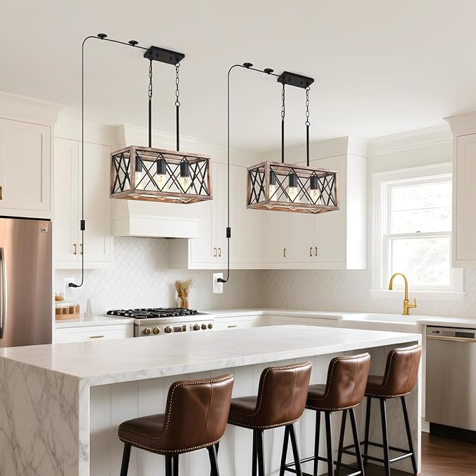 Plug in Pendant Light，3-Light Dining Room Light Fixture Over Table,Plug in Chandelier for Kitchen Sink，Farmhouse Metal Kitchen Pendant Lighting Over Island, Wood Grain Finish.