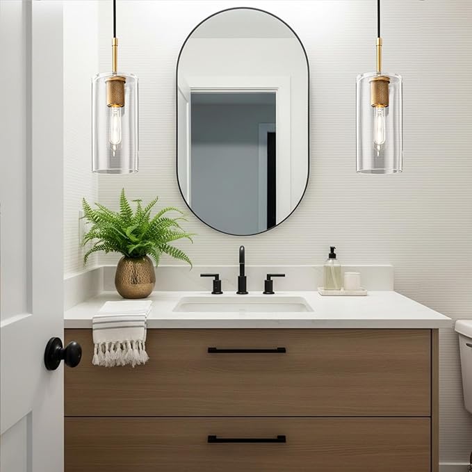 Brass Pendant Lights Kitchen Island 2 Set Modern Glass Pendant Light Fixtures, 9.5'' Farmhouse Gold Pendant Light Fixtures, Indoor Chandelier for Bathroom, Bar Included Bulb