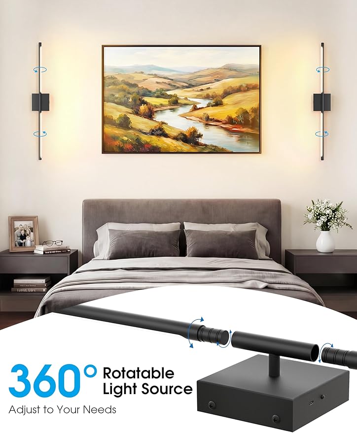 VOLISUN 7800mAh Battery Operated Wall Sconces Set of Two, Black Rechargeable Wall Sconces with Remote, 360° Rotatable Battery Wall Sconce Decor, 34'' Wireless Wall Lights for Bedroom, Living Room